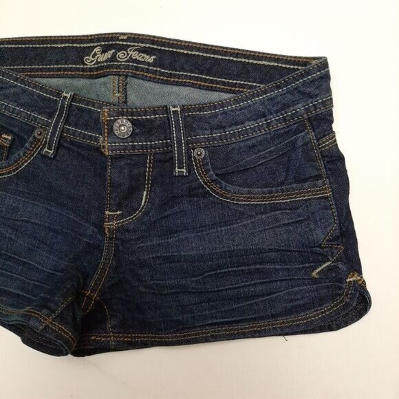GUESS Dark Blue Jean Short Shorts Whiskering Details Sz 25 - Picture 4 of 10